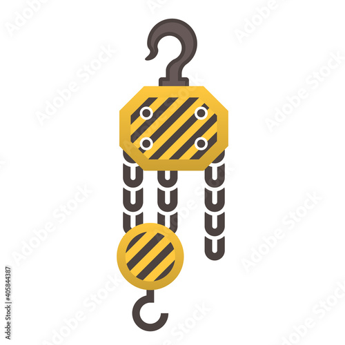 Manual chain hoist or steel chain block hoist vector icon. Lifting equipment include pulley, hook, lever, trolley, mechanical for factory, construction site, garage, workshop, warehouse and dock.