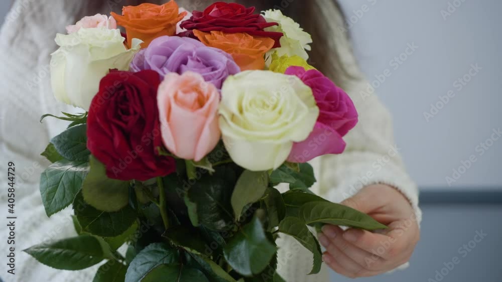 Close up female hands holding colorful roses bouquet. Woman hands touching rose buds leafs, white knitted sweater background. Close up female hands holding colorful roses bouquet. Woman hands touching rose buds leafs, white knitted sweater background.