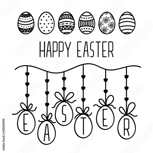 Vector Doodle Outline Easter Egg Set. Garland with Painted Eggs Hanging on a rope. Happy Easter text. Contour drawing. Hand drawn Religious Holiday symbols for design card, poster, coloring book page