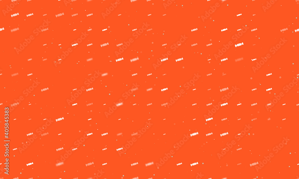Seamless background pattern of evenly spaced white candy symbols of different sizes and opacity. Vector illustration on deep orange background with stars Seamless background pattern of evenly spaced white candy symbols of different sizes and opacity. Vector illustration on deep orange background with stars