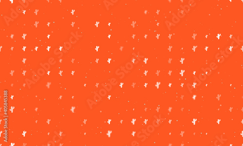 Seamless background pattern of evenly spaced white cactus symbols of different sizes and opacity. Vector illustration on deep orange background with stars