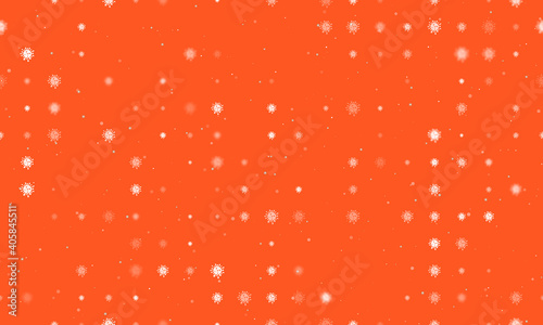 Seamless background pattern of evenly spaced white coronavirus symbols of different sizes and opacity. Vector illustration on deep orange background with stars