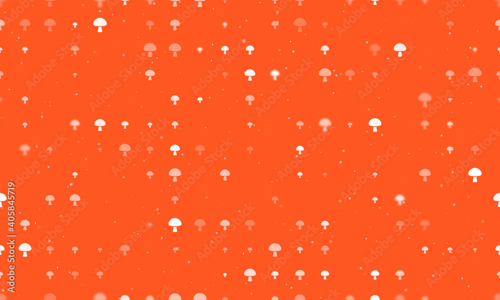 Seamless background pattern of evenly spaced white mushroom symbols of different sizes and opacity. Vector illustration on deep orange background with stars