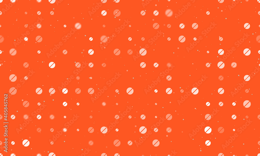 Seamless background pattern of evenly spaced white pill symbols of different sizes and opacity. Vector illustration on deep orange background with stars Seamless background pattern of evenly spaced white pill symbols of different sizes and opacity. Vector illustration on deep orange background with stars