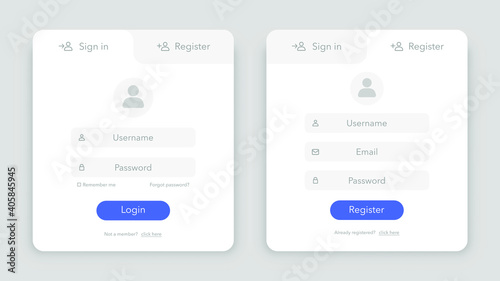 Modern Sign in and Register page design concept. Username, email and password blank frame. Vector illustration.