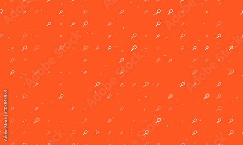 Seamless background pattern of evenly spaced white tennis symbols of different sizes and opacity. Vector illustration on deep orange background with stars