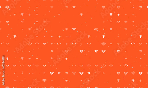 Seamless background pattern of evenly spaced white wifi symbols of different sizes and opacity. Vector illustration on deep orange background with stars