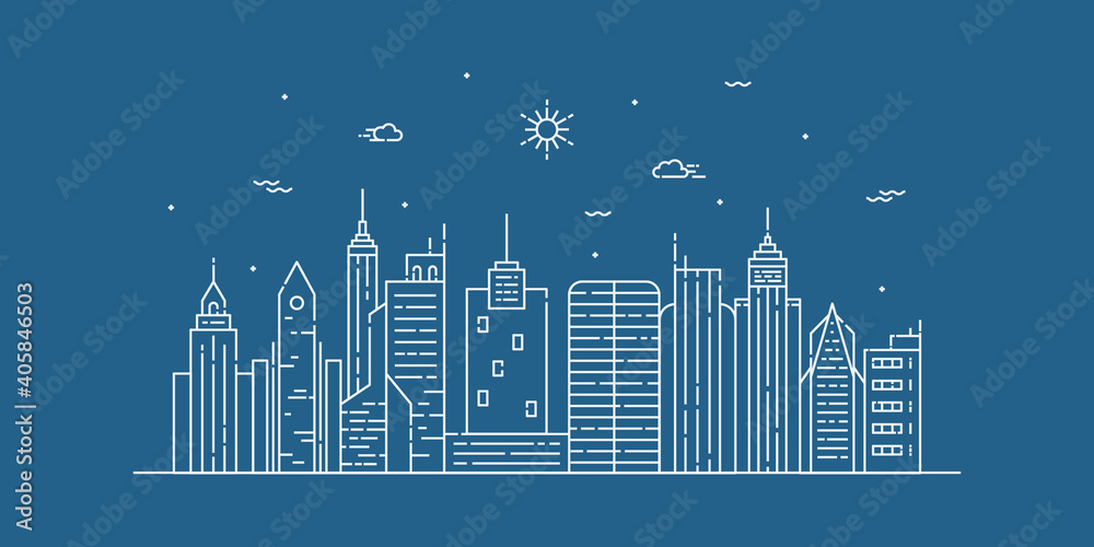 Fototapeta premium City landscape line art vector. Thin line city landscape with building, clouds, sun. Vector illustration.