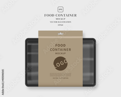 Food container mockup with label. Food tray with blank paper. Mockup vector isolated. Template design. Realistic vector illustration.