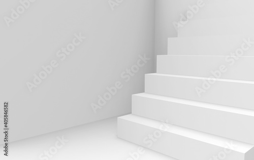 3d rendering. empty white stair on gray room wall as background.