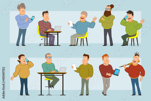 Cartoon flat funny fat smiling man character in jeans and sweater. Boy reading note working on laptop and talking on phone. Ready for animation. Isolated on blue background. Vector set.