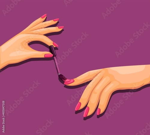 Nail art finger hand with manicure polish product concept in cartoon illustration vector