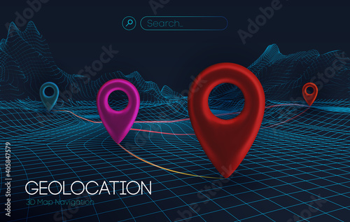 3d map navigation pointers vector 3d illustration. Wireframe landscape business concept. 3d vector background technology background.