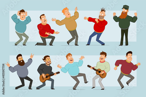 Cartoon flat funny fat smiling man character in jeans and sweater. Boy fighting, falling, dancing and playing on guitar. Ready for animation. Isolated on blue background. Vector set.