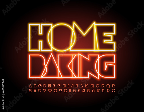 Vector creative badge Home Baking. Glowing bright Font. Neon Alphabet Letters and Numbers set