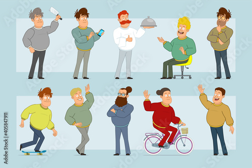 Cartoon flat funny fat smiling man character in jeans and sweater. Boy thinking, posing, riding on skateboard and bicycle. Ready for animation. Isolated on blue background. Vector set.