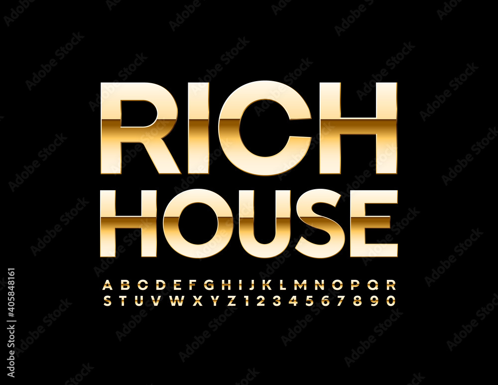 Vector elite baner Rich House. Glossy metal Font. Luxury Neon Alphabet Letters and Numbers set