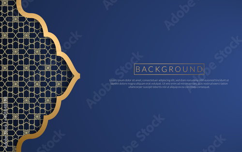 Background islamic arabic culture golden art deco template , frame decoration islam background ornament template gold , business blue background gradient