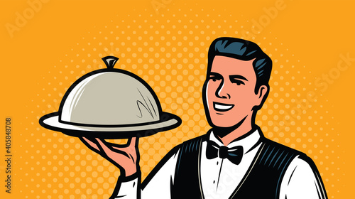 Waiter with tray in retro pop art style. Restaurant, food service concept