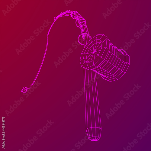 Fishing rod with line sinker and hook. Wireframe low poly mesh vector illustration.