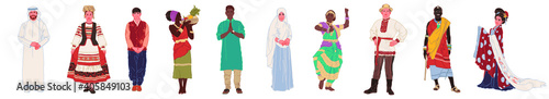 A group of people of different nationalities, in national costumes, isolated on a white background. Set of flat characters men and women. Vector illustration.