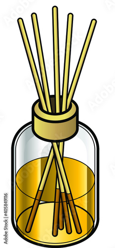 A glass bottle of air freshener/essential oils with stick diffusers.