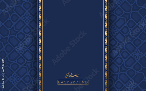 Background islamic arabic culture golden art deco template , frame decoration islam background ornament template gold , business blue background gradient