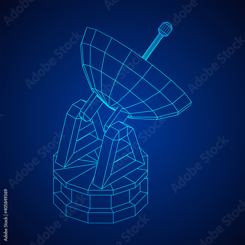 Radar. Directional radio antenna with satellite dish. Astronomy radio telescope . Wireframe low poly mesh vector illustration