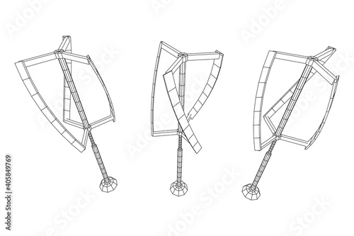 Darrieus wind turbine. Windmill generator wireframe low poly mesh. Vector illustration