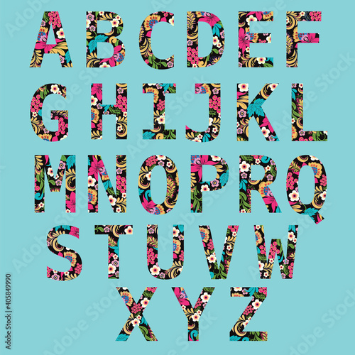 Hand drawn capital English letters decorative floral alphabet .Typography set. Elegant romantic ABC font.