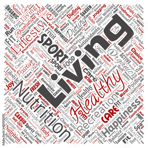 Vector conceptual healthy living positive nutrition sport square red word cloud isolated background. Collage of happiness care, organic, recreation workout, beauty, vital healthcare spa concept