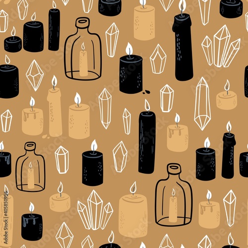Seamless vector pattern with candles, gems and crystal. Magic, spiritual background