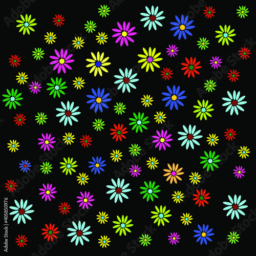 Colorful and bright hand drawn simple flowers on black background. Chamomile exotic style. Pink, green, red, blue and purple hues. Floral tile great as template, backdrop, banner, wrapping or fashion.