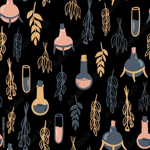 Seamless vector pattern with plants and test tube. Alchemy, potions
