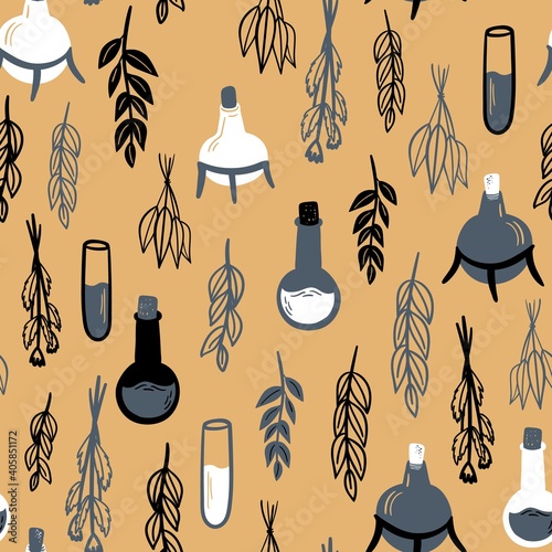 Seamless vector pattern with plants and test tube. Alchemy, potions on beige background