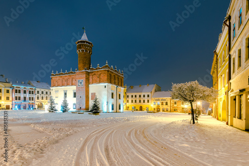 City Hall on Main City Square in Old Town. Tarnow Market Square in Snow at Winter. City Lights.Poland