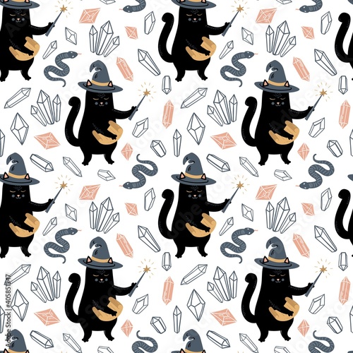 Seamless pattern with black cat wizard, gems, crystals, snake, magic wand and scroll
