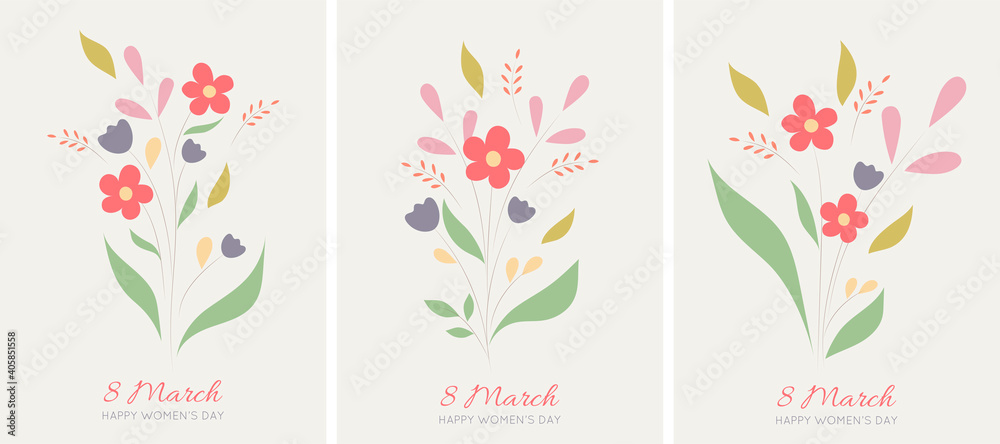 Set of vector greeting cards for 8 March international womens day with hand drown flowers. Vector illustration Set of vector greeting cards for 8 March international womens day with hand drown flowers. Vector illustration