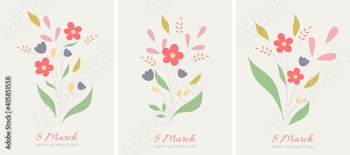 Set of vector greeting cards for 8 March international womens day with hand drown flowers. Vector illustration