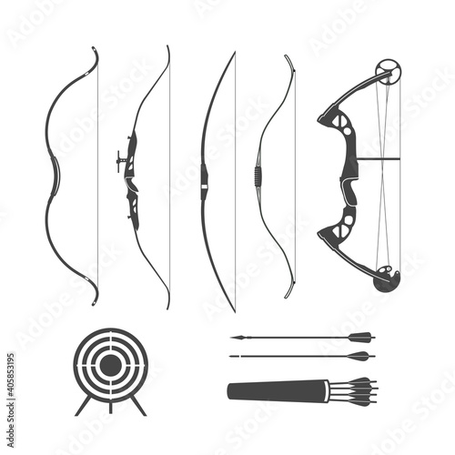 Ancient wooden bow and modern sport archery, silhouettes of bows and arrows isolated on white background, vector