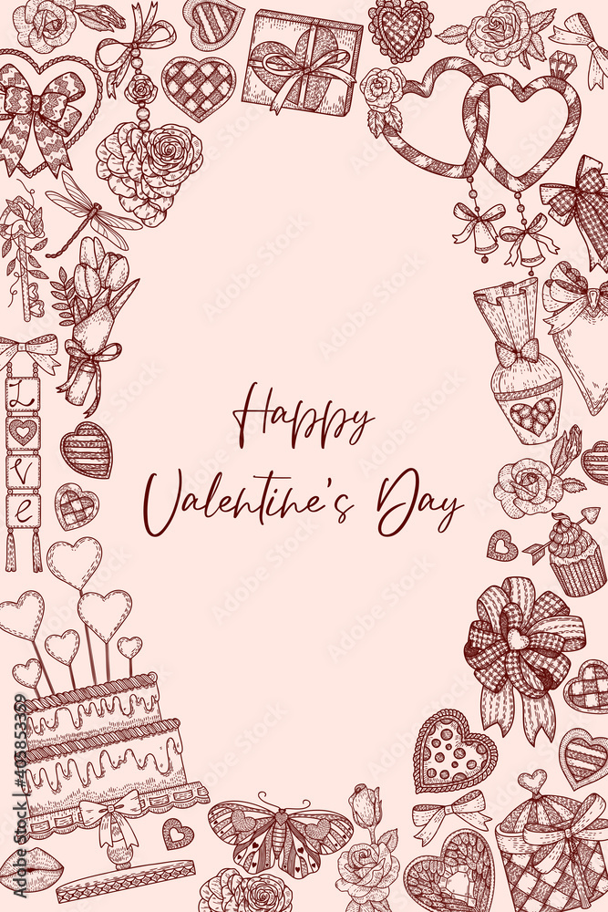 Holiday vector hand draw frame for Valentine's day. Cute romantic doodle illustration. Vintage design. For for packaging, wedding, birthday, Valentine's Day, Mother's Day Holiday vector hand draw frame for Valentine's day. Cute romantic doodle illustration. Vintage design. For for packaging, wedding, birthday, Valentine's Day, Mother's Day