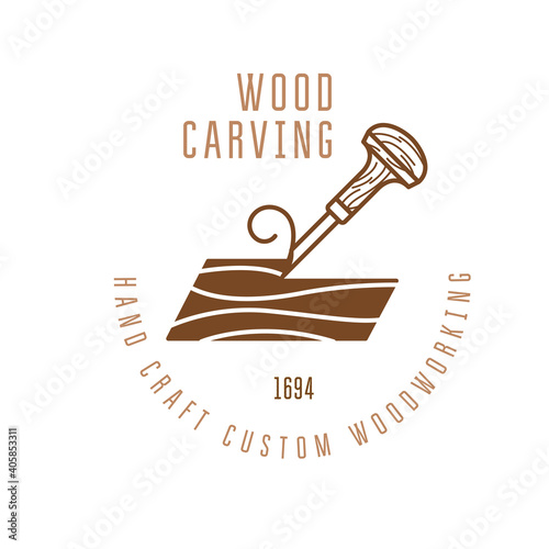 Wood carving logo with chisel cutting a wood bar, timber engraving emblem, vector