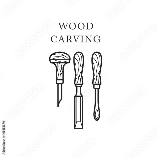 Wood carving tools icon, logo with chisels, timber engraving emblem, vector photo