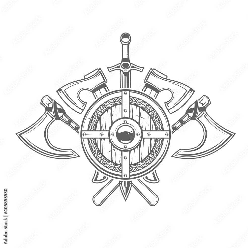Obraz premium Emblem with round Viking shield and crossed cold arms, axes and swords, medieval armor, vector
