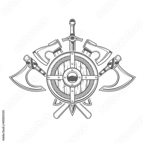 Emblem with round Viking shield and crossed cold arms, axes and swords, medieval armor, vector