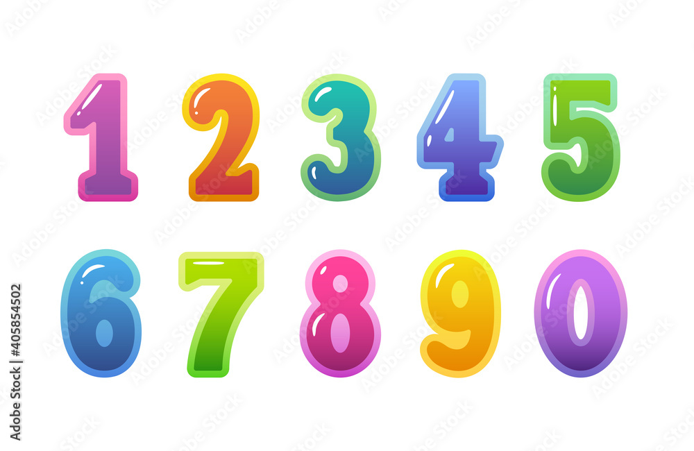 Set of colorful gradient numbers with outlines and highlights. Design elements. Isolated funny rounded kids numbers from zero to nine on a white background. Illustration. Set of colorful gradient numbers with outlines and highlights. Design elements. Isolated funny rounded kids numbers from zero to nine on a white background. Illustration.