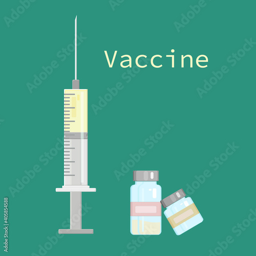 Icon plastic medical syringe with needle and vial. Modern flat concept for web design.