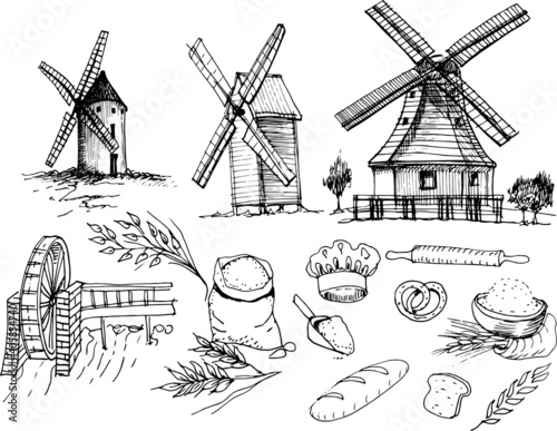 
Mills, flour, bread, agriculture, countryside. Graphic hand-drawn illustration. vector. production of bread, wheat, baked goods. doodle, sketch style. Separate elements on a white background.