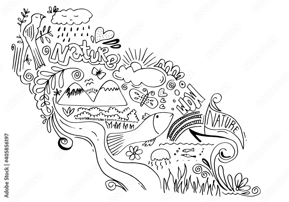 Creative art doodles hand drawn Design illustration with text Nature and wow.