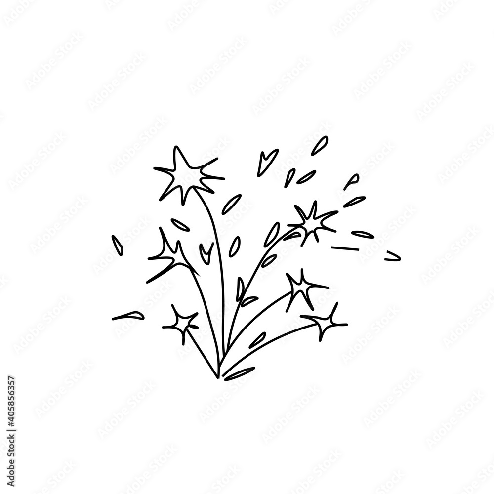 Vector Fireworks in doodle style.One simple sky.Illustration bright lights for Chinese New Year with black line hand drawn.Design for menus,cards,stickers,prints,social networks,web.